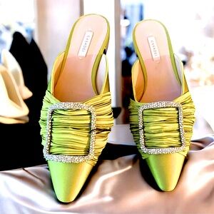 Casadei woman’s green satin and rhinestone flat mules shoes . Size EU 40 US 9